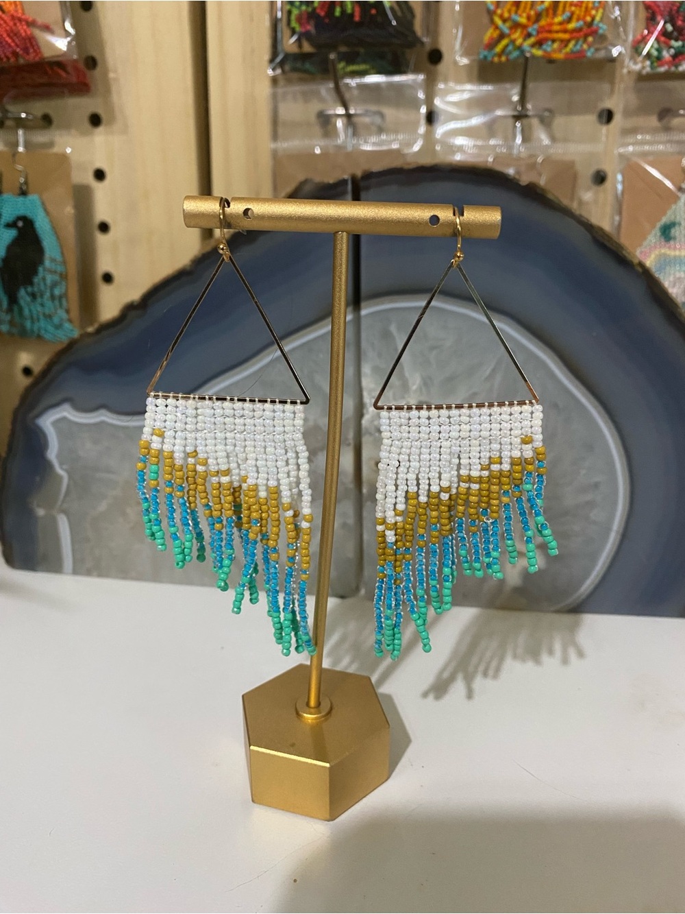 Fringed Seed Bead Triangle Earrings in White, Gold, Turquoise & Teal